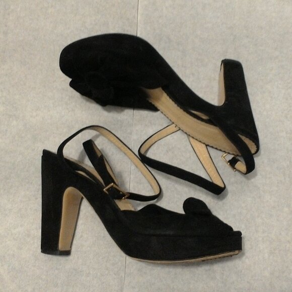 Charlotte Olympia Black Peep Toe Sandal Heels with Bows | Suede EU39 | US 8 - Picture 11 of 15